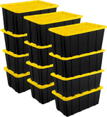 Sterilite Industrial Storage Tote with Lids for Garage, 27 Gallon, 4-Pack | Heavy-Duty and Stackable Utility Box Containers for Home, Office, and Basement Organization, Black/Yellow
