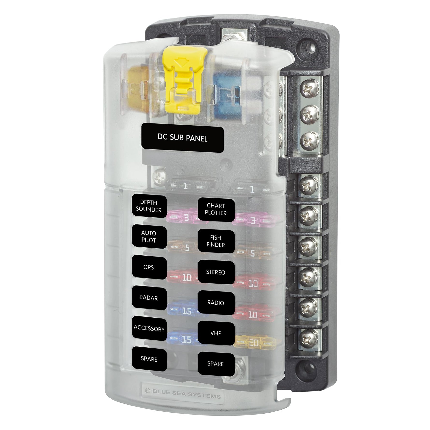 Blue Sea Systems ST Blade Fuse Block 12 Circuit with Ground and Cover, 100 Amps, 5026