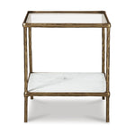 Signature Design by Ashley Ryandale Square Accent Table for Living Room, Sand‑Casted Aluminum Frame With Brass Finish, Glass Top and White Marble Shelf, 21" Size