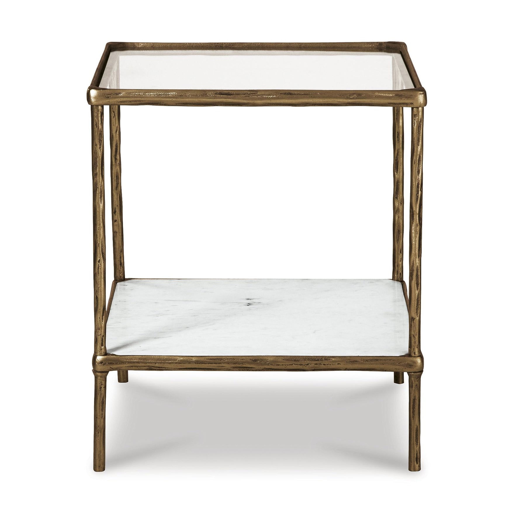 Signature Design by Ashley Ryandale Square Accent Table for Living Room, Sand‑Casted Aluminum Frame With Brass Finish, Glass Top and White Marble Shelf, 21" Size