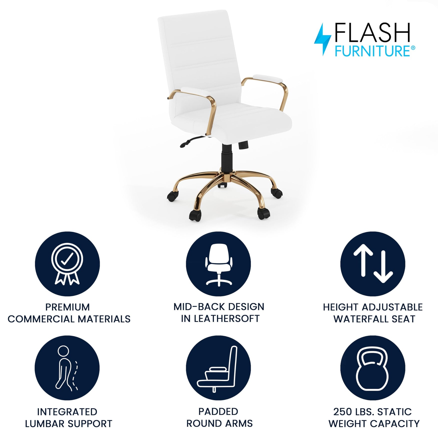 Flash Furniture Whitney Mid-Back Swivel LeatherSoft Desk Chair with Wheels, Padded Seat and Armrests, Adjustable Height Padded Office Chair, Black