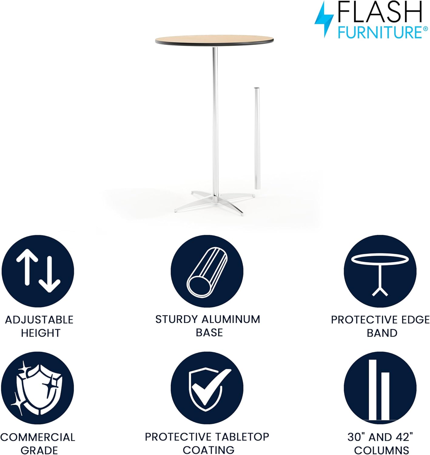 Flash Furniture Lars 30" Round Cocktail Table with 30" and 42" Columns, Adjustable Standard or Bar Height Round Table for Events or Home Use, Natural