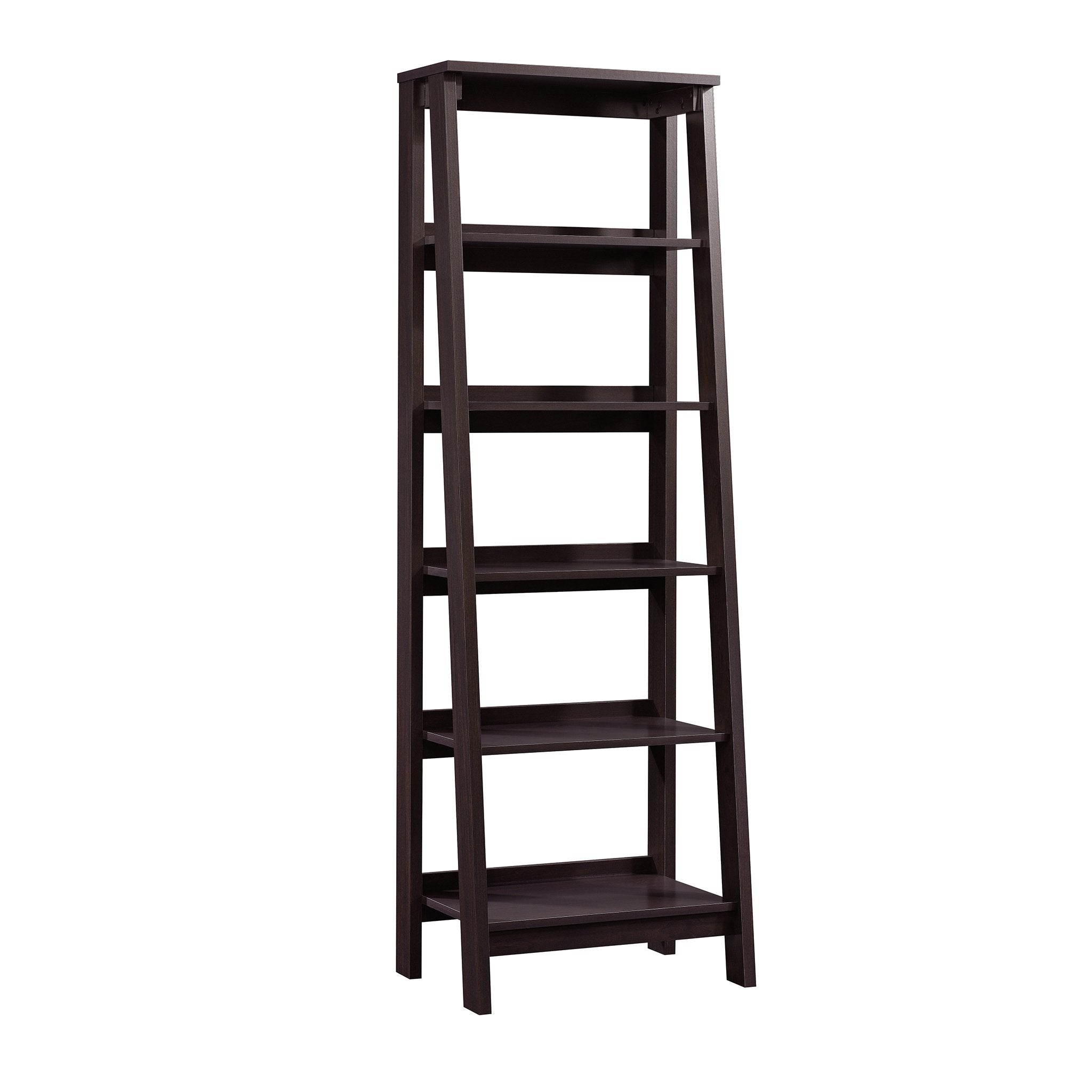 Sauder Ladder Bookshelf 5 Tier Trestle Ladder Shelf Wooden Bookcase, in Jamocha Wood