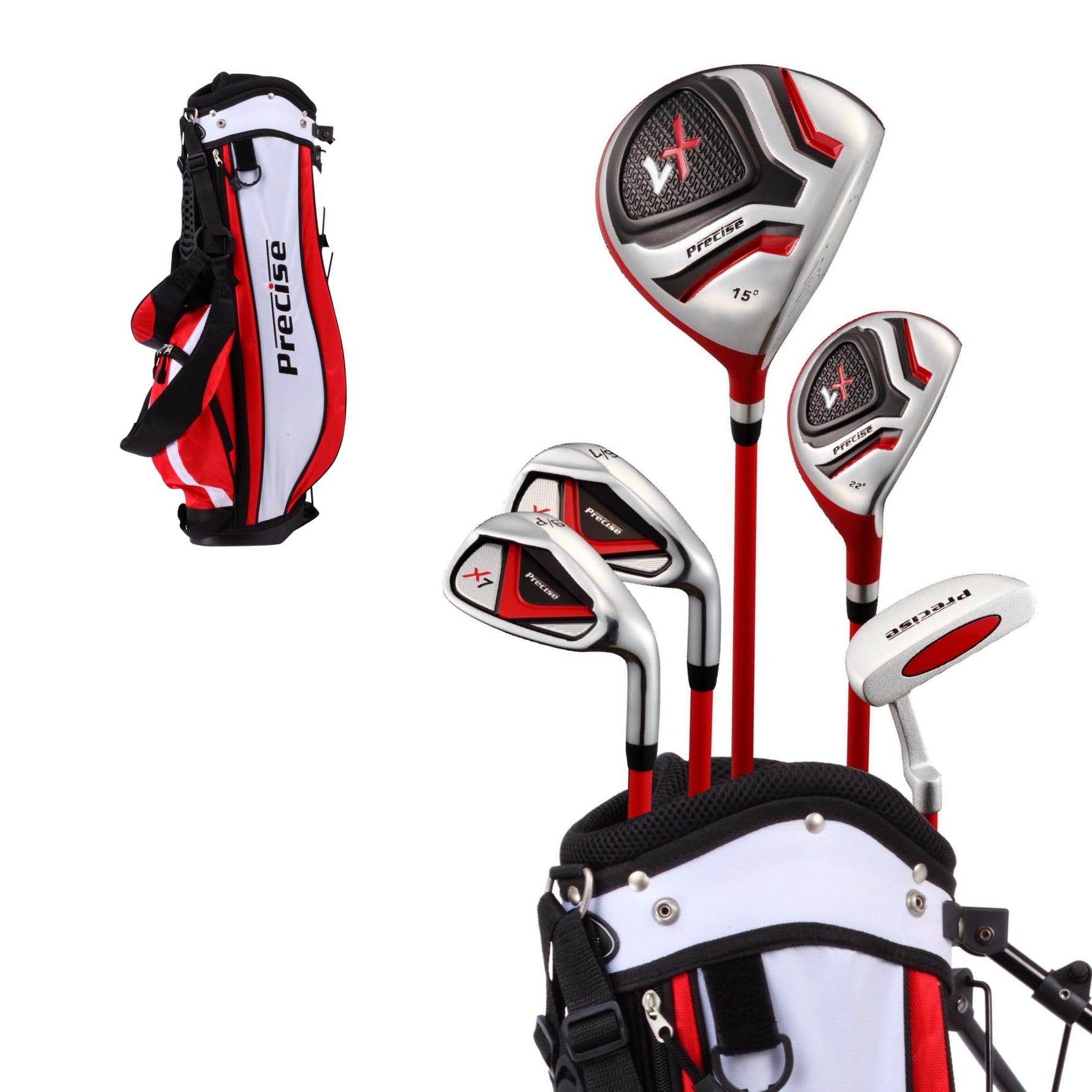 Precise X7 Junior Complete Kids Golf Clubs Set - Boys & Girls Right Handed Kids Golf Set w/ Driver, Hybrid, Irons, Putter, Stand Bag & Headcovers - Youth Golfing Clubs Sets for Ages 6-8 - Red