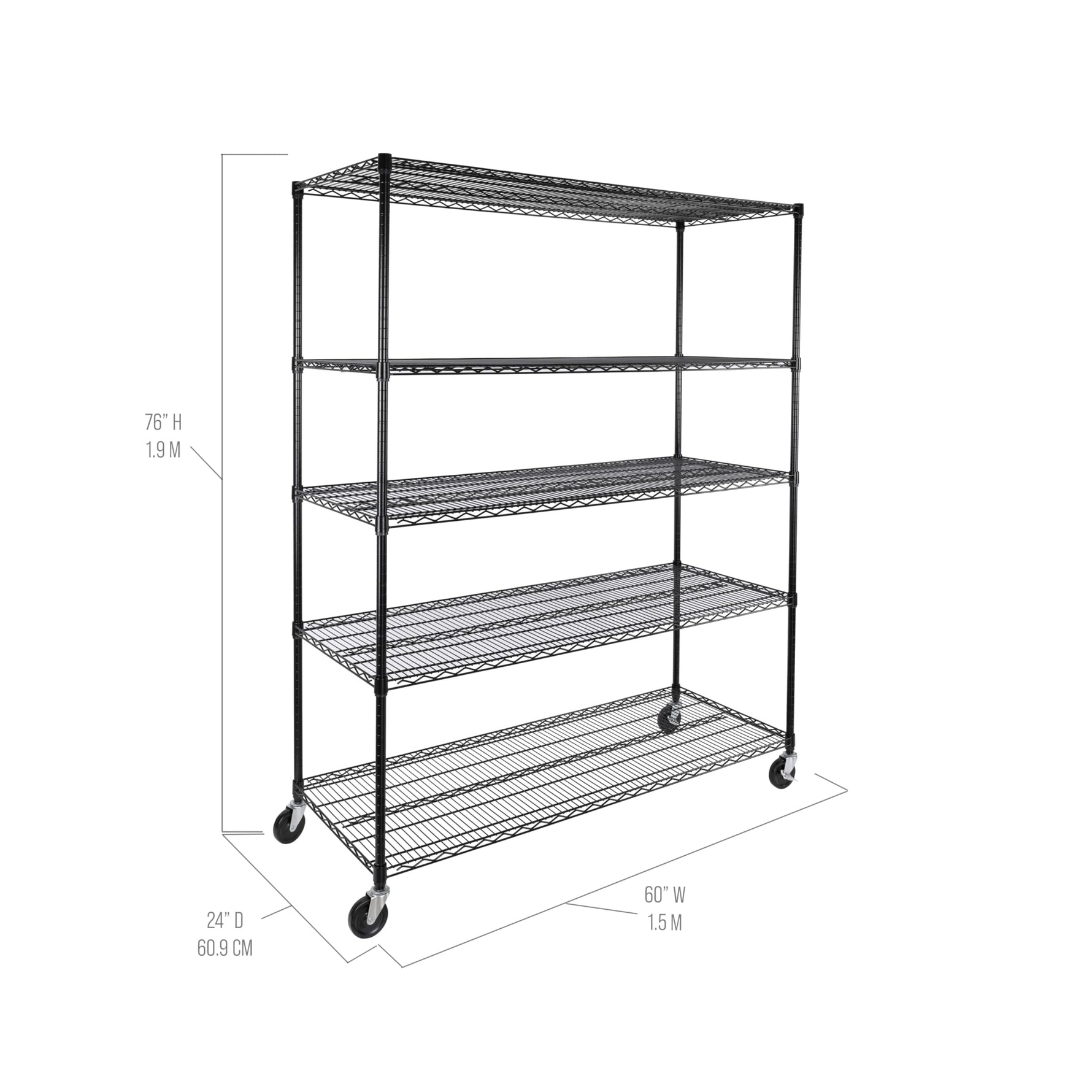 UltraDurable 5-Tier NSF Steel Wire Shelving, 48"W x 24"D x 76"H, Black | Heavy-duty commercial-grade solid steel wire storage rack featuring 800 pounds per shelf weight capacity