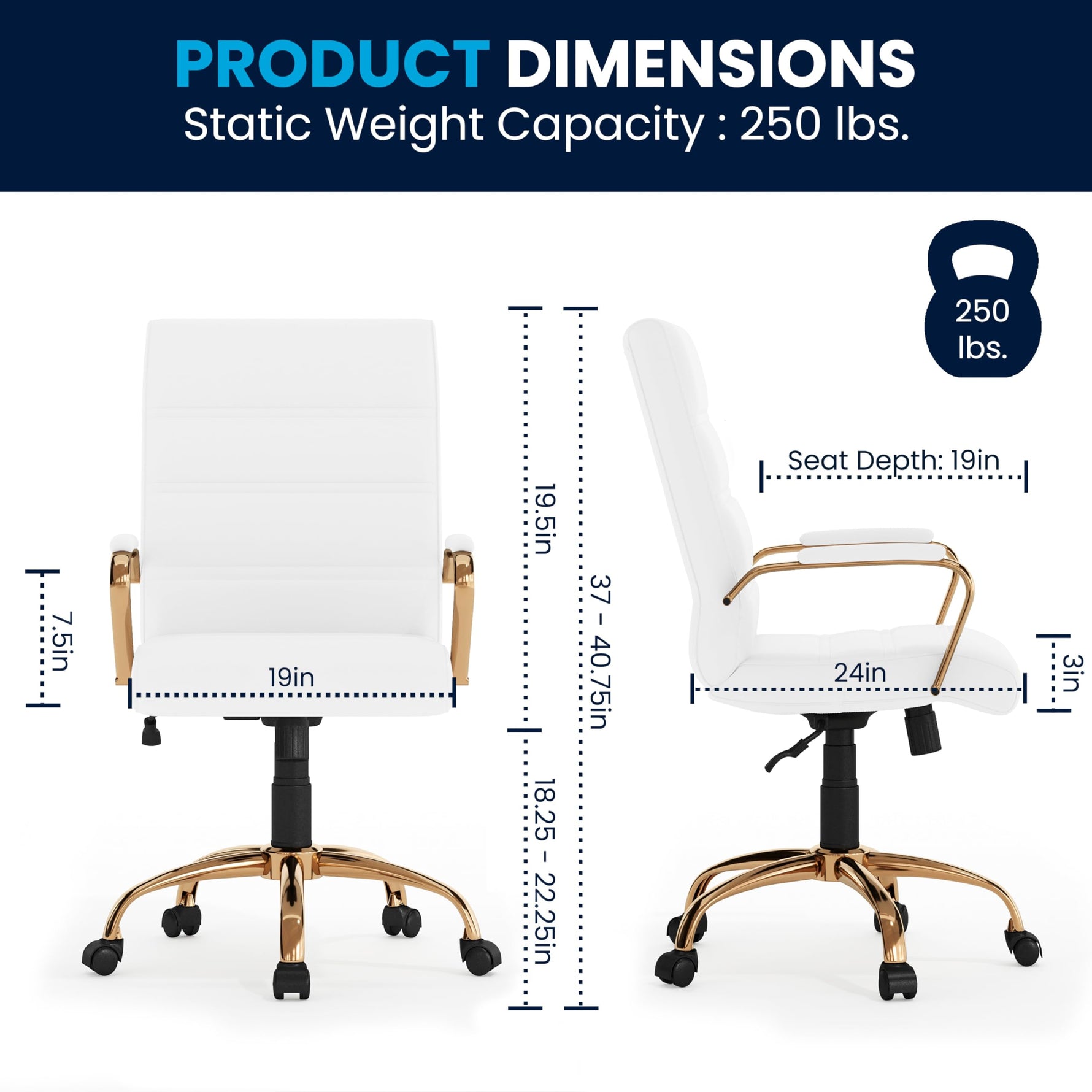 Flash Furniture Whitney Mid-Back Swivel LeatherSoft Desk Chair with Wheels, Padded Seat and Armrests, Adjustable Height Padded Office Chair, Black