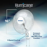 Hurricane 16" Supreme Oscillating Wall Mount Fan w/ 3 Quiet Speeds, White - Corded Electric Air Cooling Unit w/ Easy Pull Cord Controls for Homes, Greenhouses, Garages, Workshops & Gyms