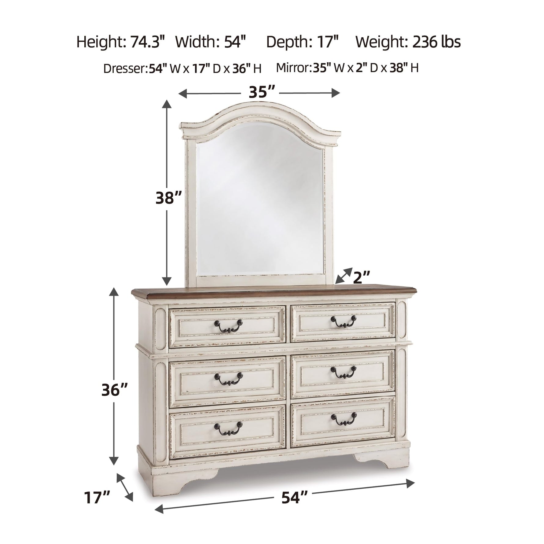 Signature Design By Ashley Realyn French Country Youth 6 Drawer Dresser, Chipped White & Brown