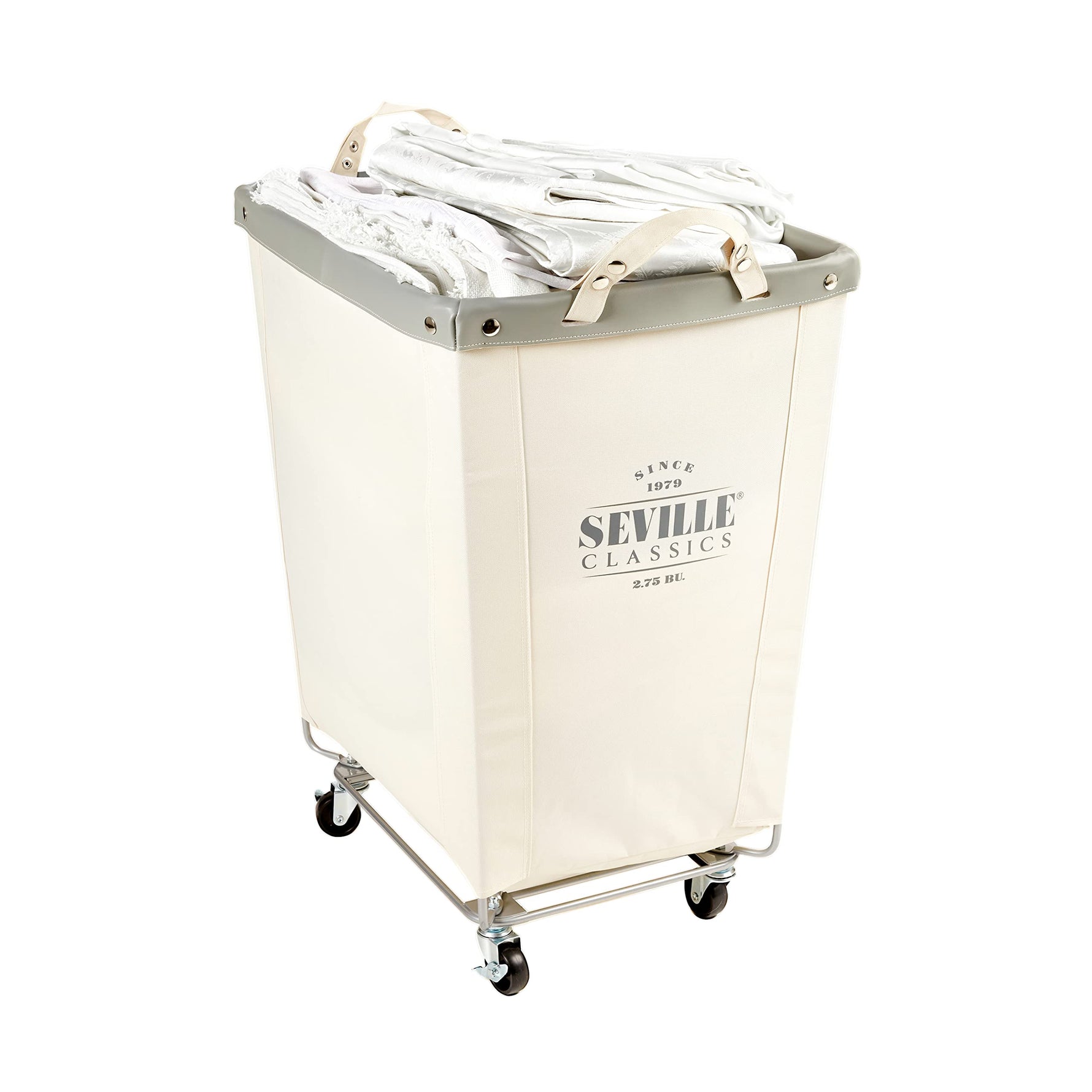 Corner Heavy-Duty Canvas Hamper w/Wheels, 24"W x 17.7"D, Natural White | Space-saving corner design holds 3 to 4 loads of laundry with a durable steel frame, smooth-rolling locking wheels