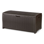 Suncast Outdoor Storage Box - 73 Gallon Mocha Brown Deck Box for Patio, weather-resistant Outdoor Storage Bench, Resin Wicker Style, Heavy-Duty, Lockable Lid for Cushions, Shoes, Pool & Garden Gear