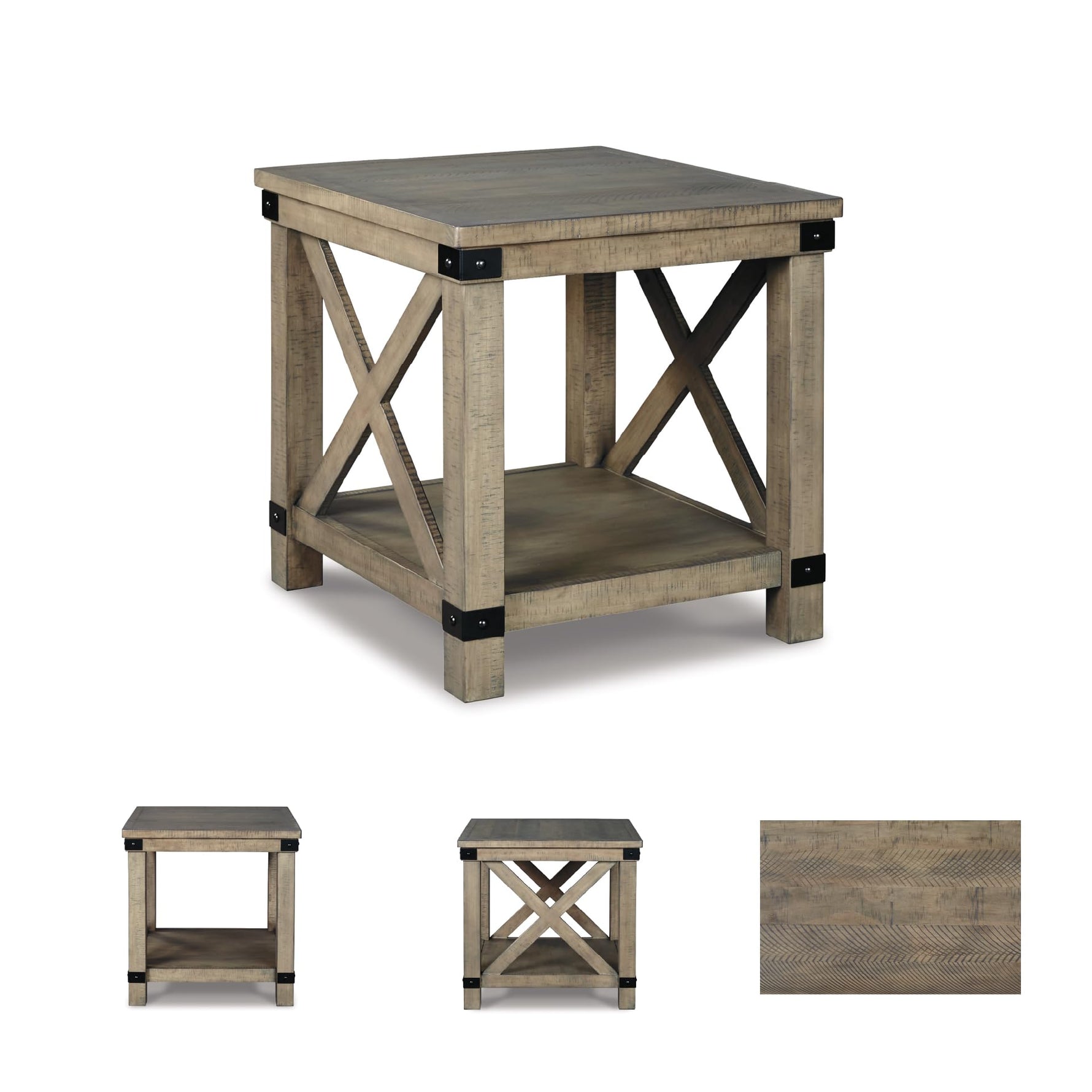 Signature Design by Ashley Aldwin Casual Farmhouse Rectangular End Table with Crossbuck Details, Metal Bracket Accents, Wood, 25" High, Weathered Gray