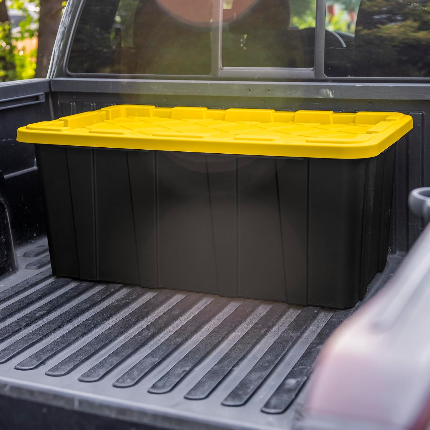 Sterilite Industrial Storage Tote with Lids for Garage, 27 Gallon, 4-Pack | Heavy-Duty and Stackable Utility Box Containers for Home, Office, and Basement Organization, Black/Yellow
