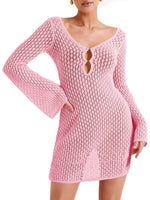 Saodimallsu Womens Crochet Swimsuit Coverup Summer Sexy V Neck Long Bell Sleeve Mesh Knit Bikini Cover Ups Beach Dresses