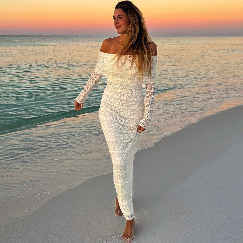 Fashionable Elegant Socialite Style Off-shoulder Lace Dress Women