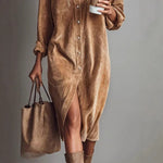 Turn-Down Collar Buttons Chic Casual Dress, Women Spring Autumn Solid Simple Party Dress, Long Sleeve Holiday Ladies Dress