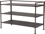 3-Tier Stackable 1" Slat Steel Frame Shoe Rack, 27.25"W x 12.75"D, Espresso | Interlocking modular design maximizes storage while the sturdy steel frame holds up to 12 pairs of shoes (Patented Design)