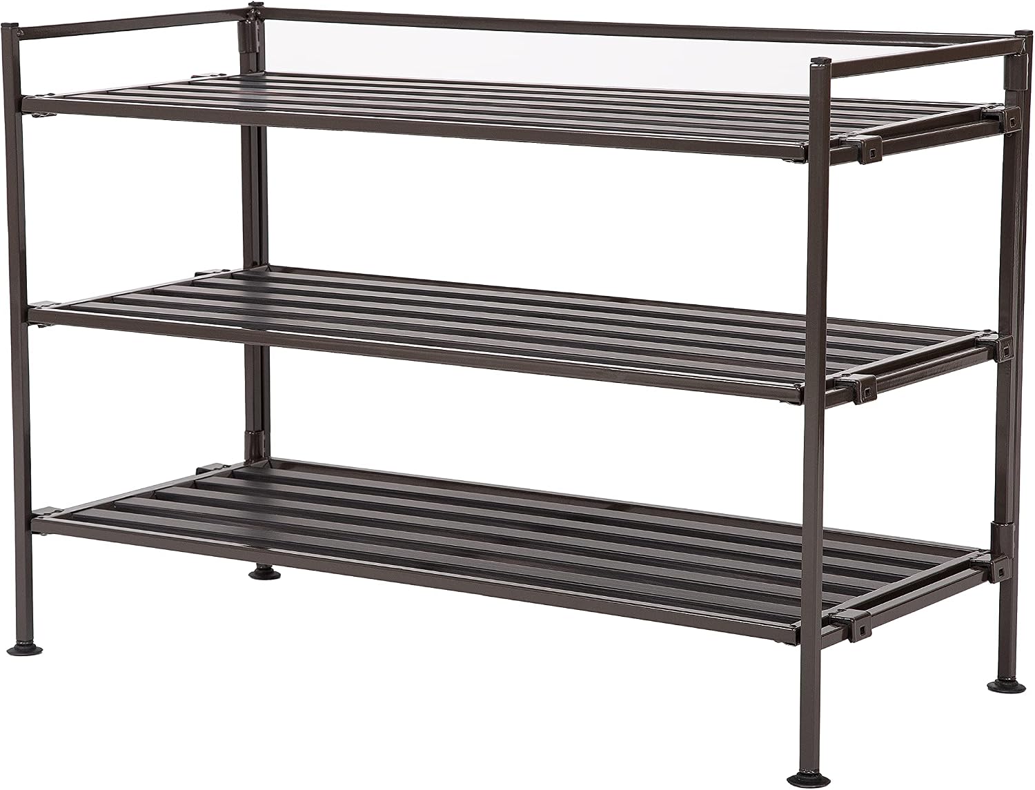 3-Tier Stackable 1" Slat Steel Frame Shoe Rack, 27.25"W x 12.75"D, Espresso | Interlocking modular design maximizes storage while the sturdy steel frame holds up to 12 pairs of shoes (Patented Design)