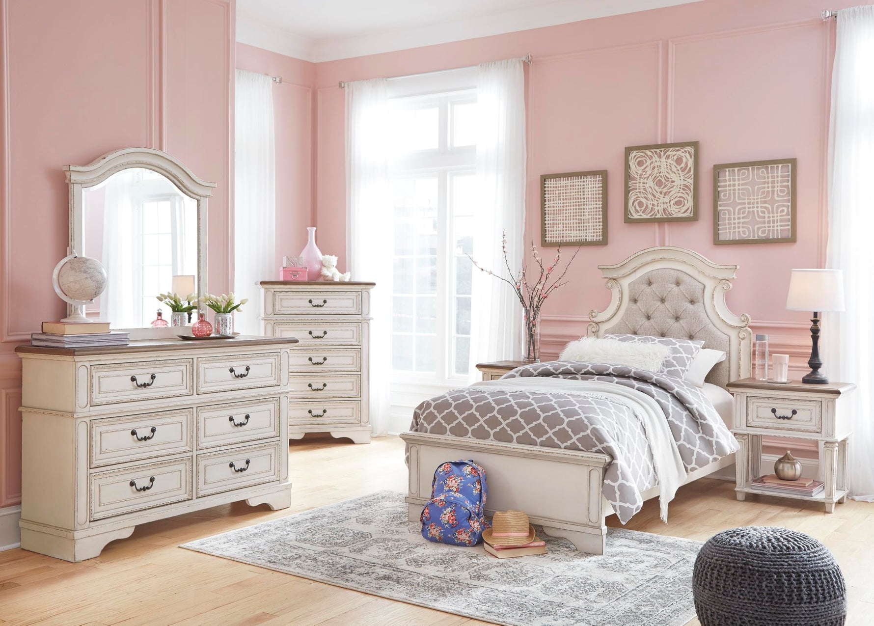 Signature Design by Ashley Realyn French Country 5 Drawer Chest, Tipover Restraint Device, 2-tone Finish, Wood, 40.13" W x 18.13" D x 58.13" H, Chipped White