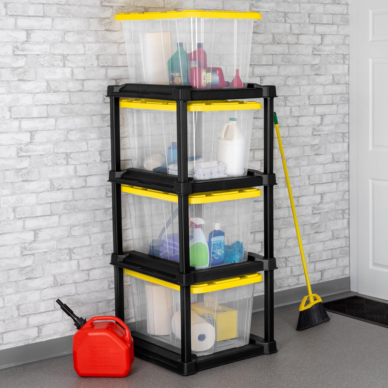 Sterilite Industrial Storage Tote with Lids for Garage, 27 Gallon, 4-Pack | Heavy-Duty and Stackable Utility Box Containers for Home, Office, and Basement Organization, Black/Yellow