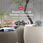 KETER Urban Knit Pouf Ottoman Set of 2 with Storage Table for Patio and Room Décor-Perfect for Balcony, Deck, and Outdoor Seating, Cream & Taupe