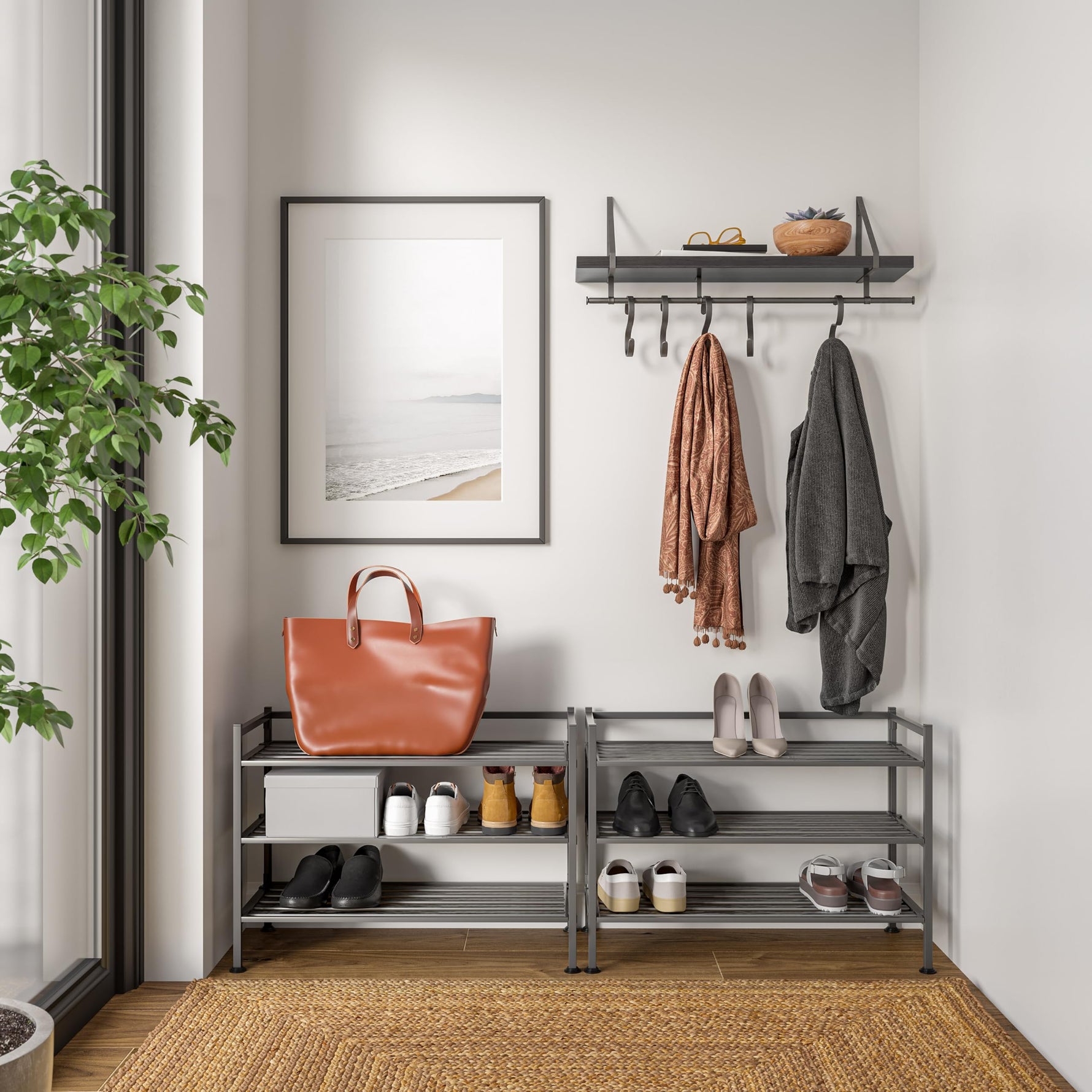 3-Tier Stackable 1" Slat Steel Frame Shoe Rack, 27.25"W x 12.75"D, Espresso | Interlocking modular design maximizes storage while the sturdy steel frame holds up to 12 pairs of shoes (Patented Design)