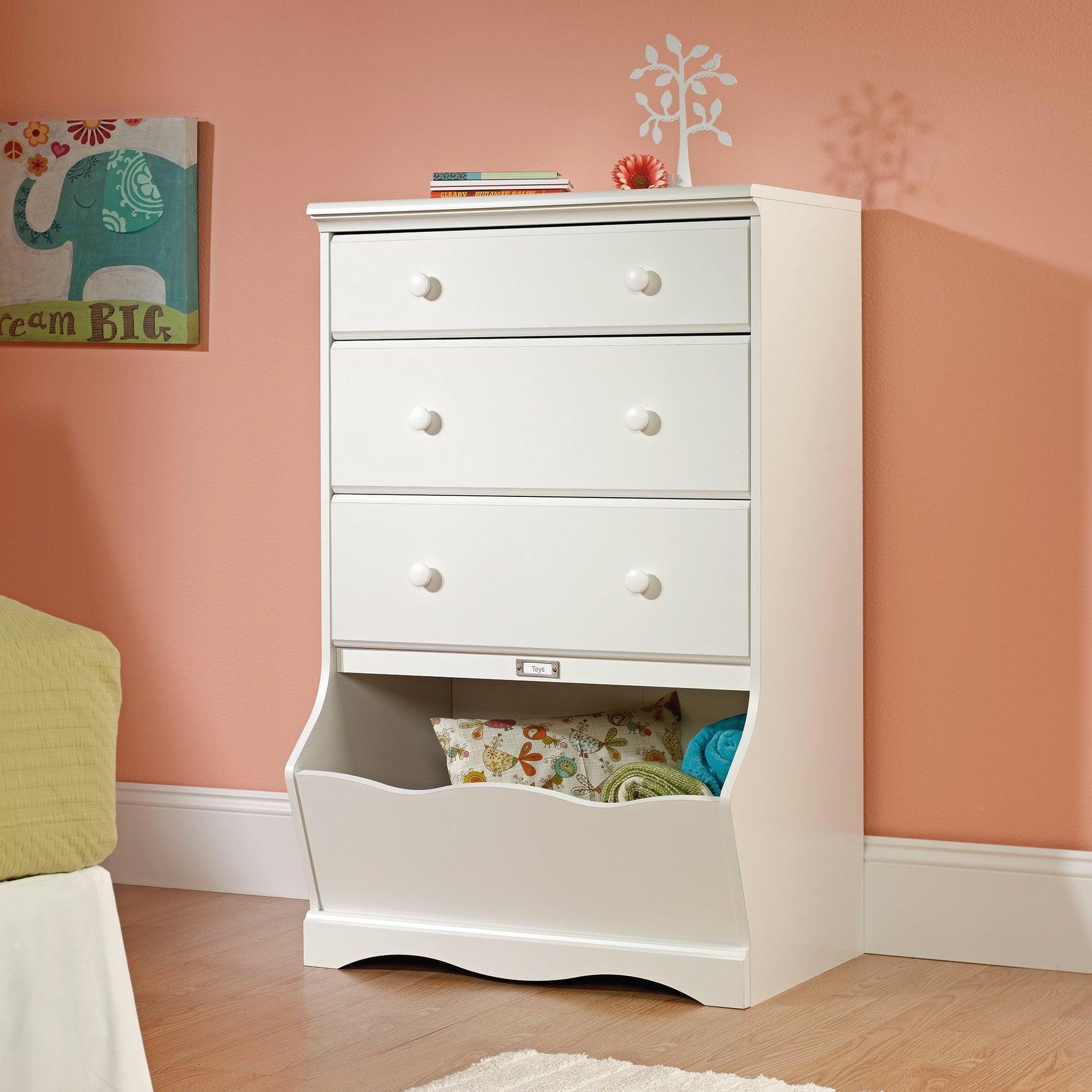Sauder Pogo Toy Storage Chest Organizer, Kids Bookcase, Toy Box Bin for Bedroom, Living Room, in Soft White finish
