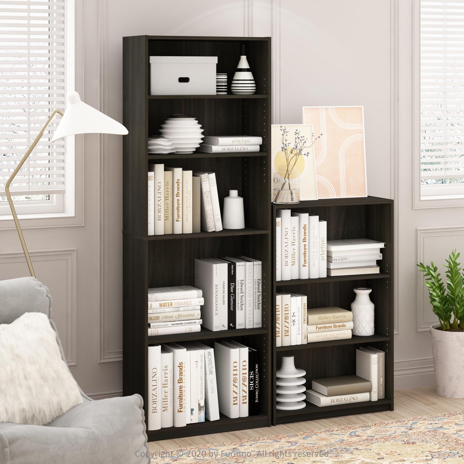Furinno Jaya Book Shelf, 5-Tier Bookshelf, Bookcase with Adjustable Shelves, 9.5 x 24.5 x 71.2, for Organization and Storage, for Living Room, Bedroom, Home Office, Blackwood