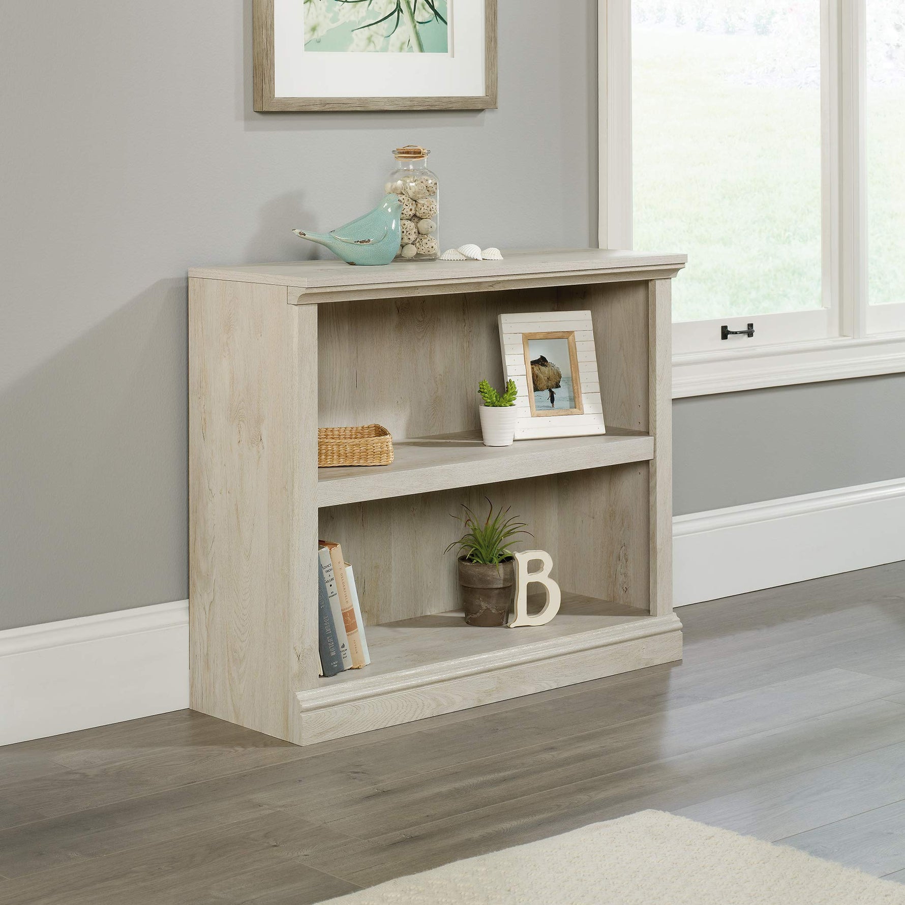 Sauder 2 Tier Book Shelf Wooden Bookcase Multipurpose Bookshelf for Home Office, Living Room, in Salt Oak