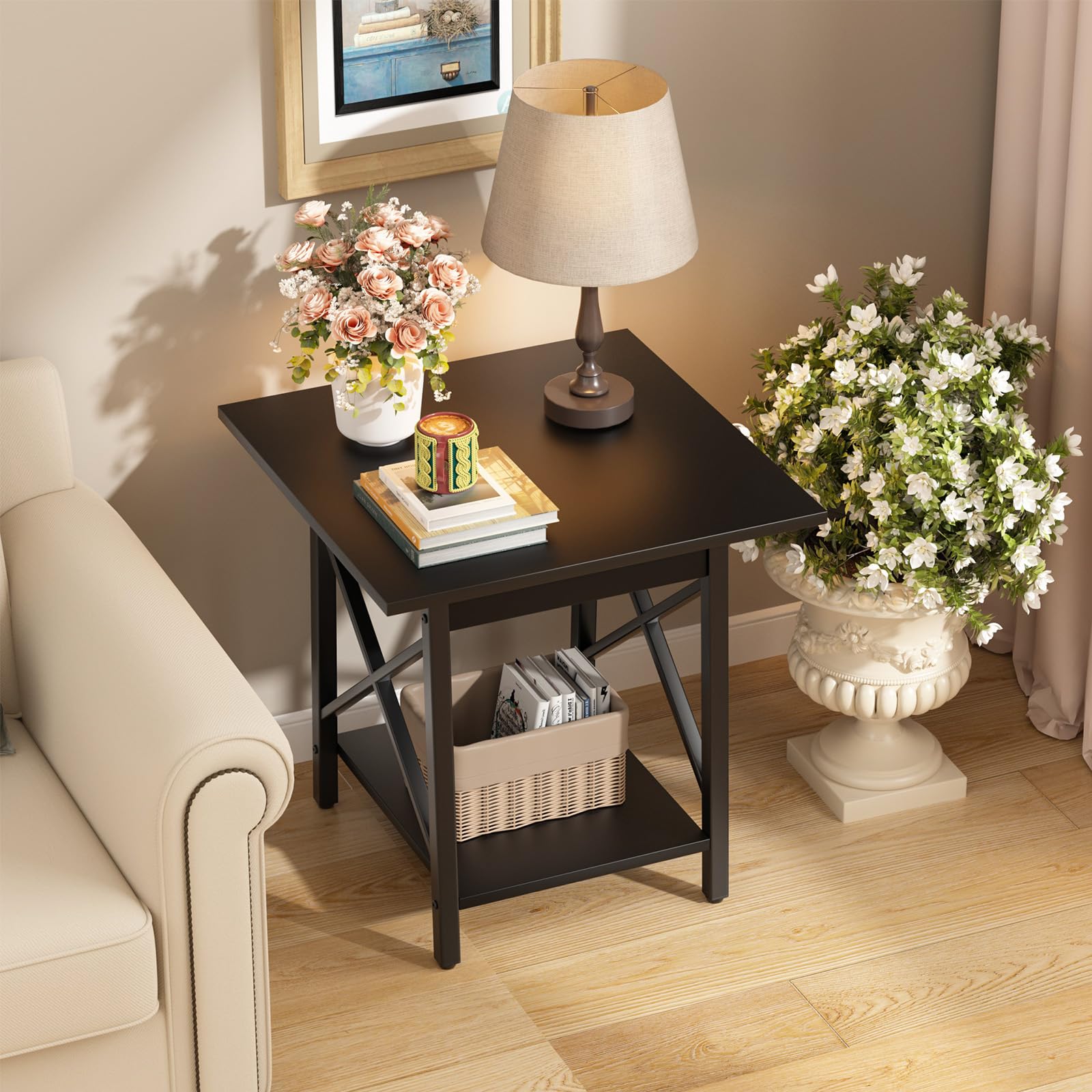 GreenForest End Table 24 inch for Living Room, Large Square Side Tables with X-Frame, Tall Industrial Bedside Nightstand with 2-Tier Storage, Rustic Walnut