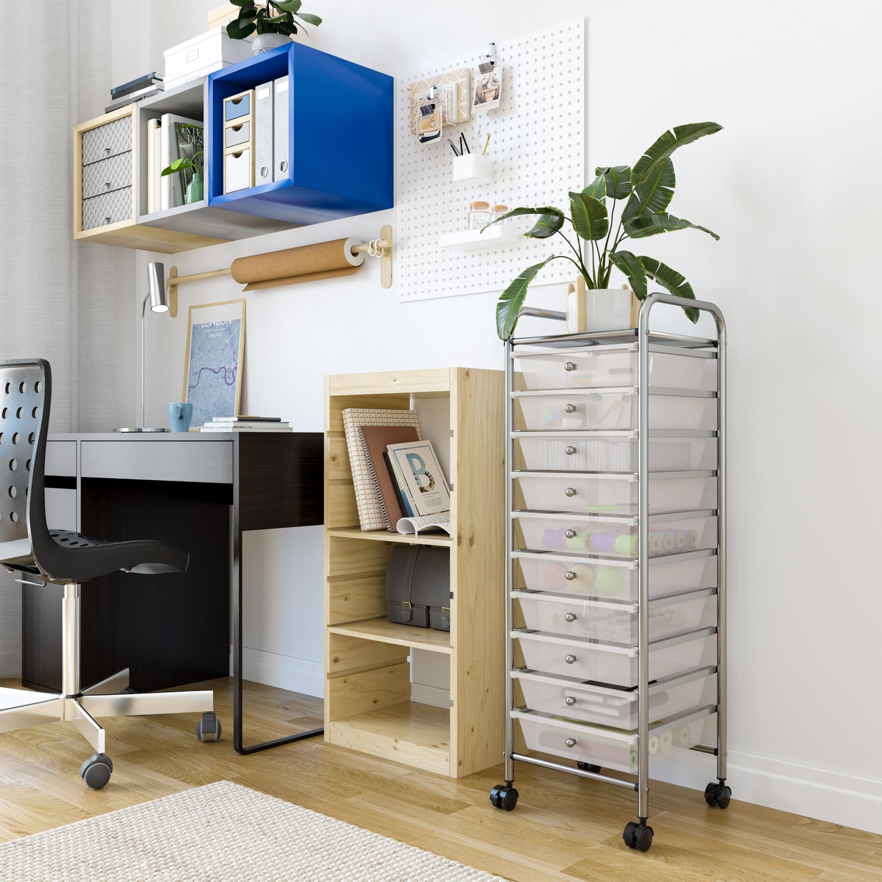 Seville Classics Rolling Utility Organizer Storage Cart , for Home Office, School, Classroom, Scrapbook, Hobby, Craft, 15 Drawer, Black