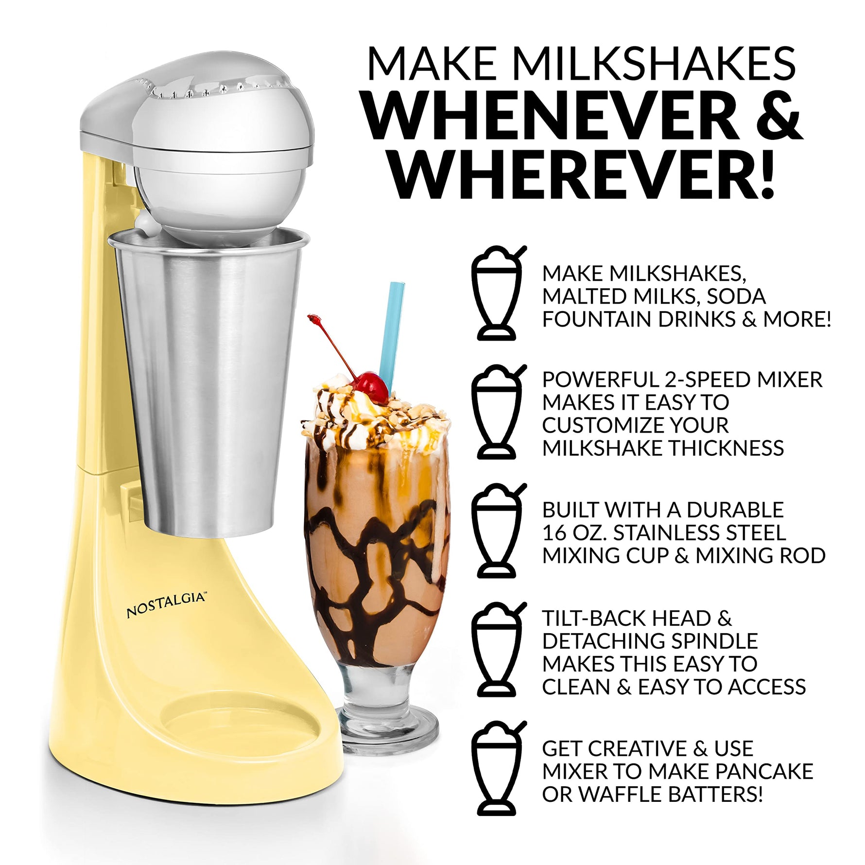 Nostalgia Two-Speed Electric Milkshake Maker and Drink Mixer, Includes 16-Ounce Stainless Steel Mixing Cup & Rod, Jade Green