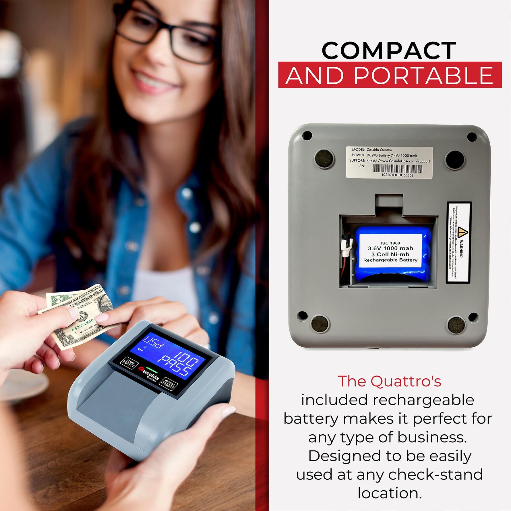 Cassida Quattro Fast Automatic Currency Counterfeit Detector with Advanced Sensors (UV,MG,IR,MT,Thickness,Size) - All-Orientation Feeding - Rechargeable Battery - 3.5" Value (Pass/Fail + UV/MG)