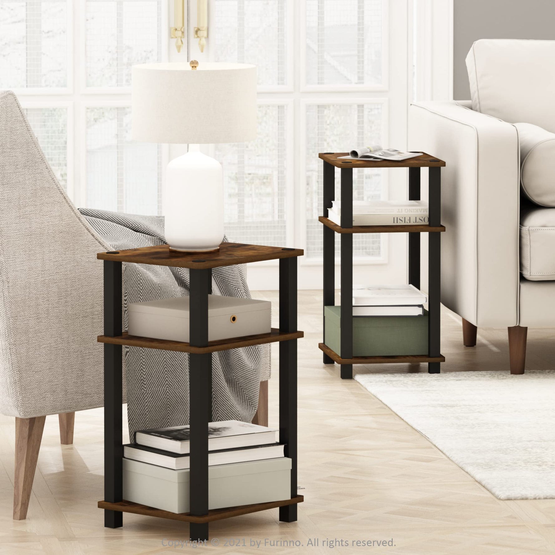 Furinno JUST Side Table, 3-Tier End Table, Open Shelves Night Stand, Bedside Table, Toolless Assembly, for Living Room, Bedroom, Bathroom, Columbia Walnut