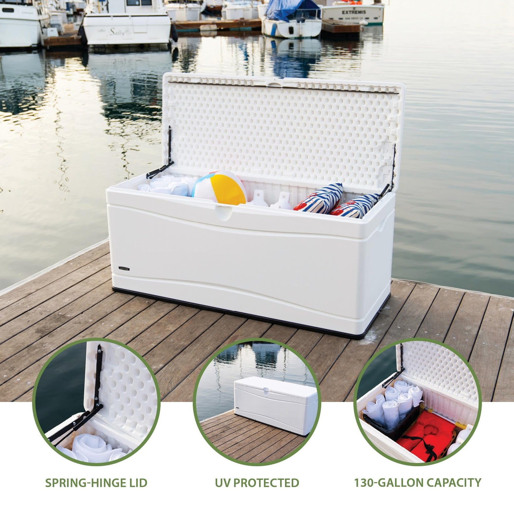LIFETIME Outdoor Storage Deck Box, 130 Gallon, Arctic White, Lockable, UV-Protected, for Decks and Marine Docks