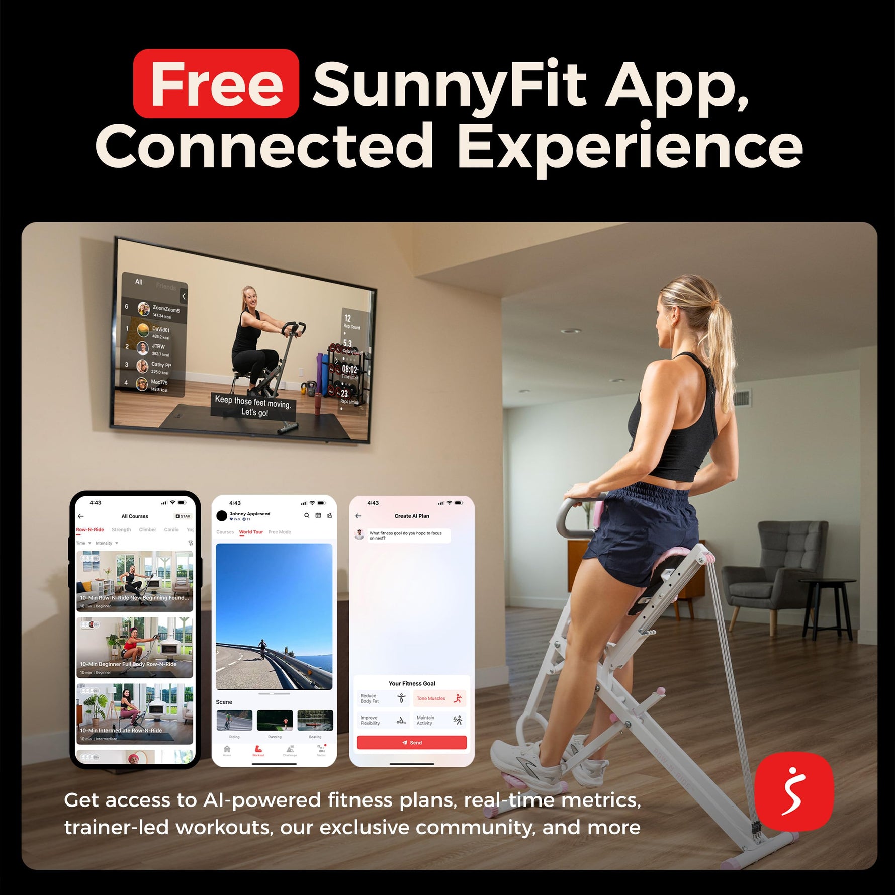 Sunny Health & Fitness Smart Row-N-Ride Glute & Leg Trainer, Foldable Squat Assist Rower with Exclusive SunnyFit App Connection