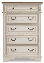 Signature Design by Ashley Realyn French Country 5 Drawer Chest, Tipover Restraint Device, 2-tone Finish, Wood, 40.13" W x 18.13" D x 58.13" H, Chipped White