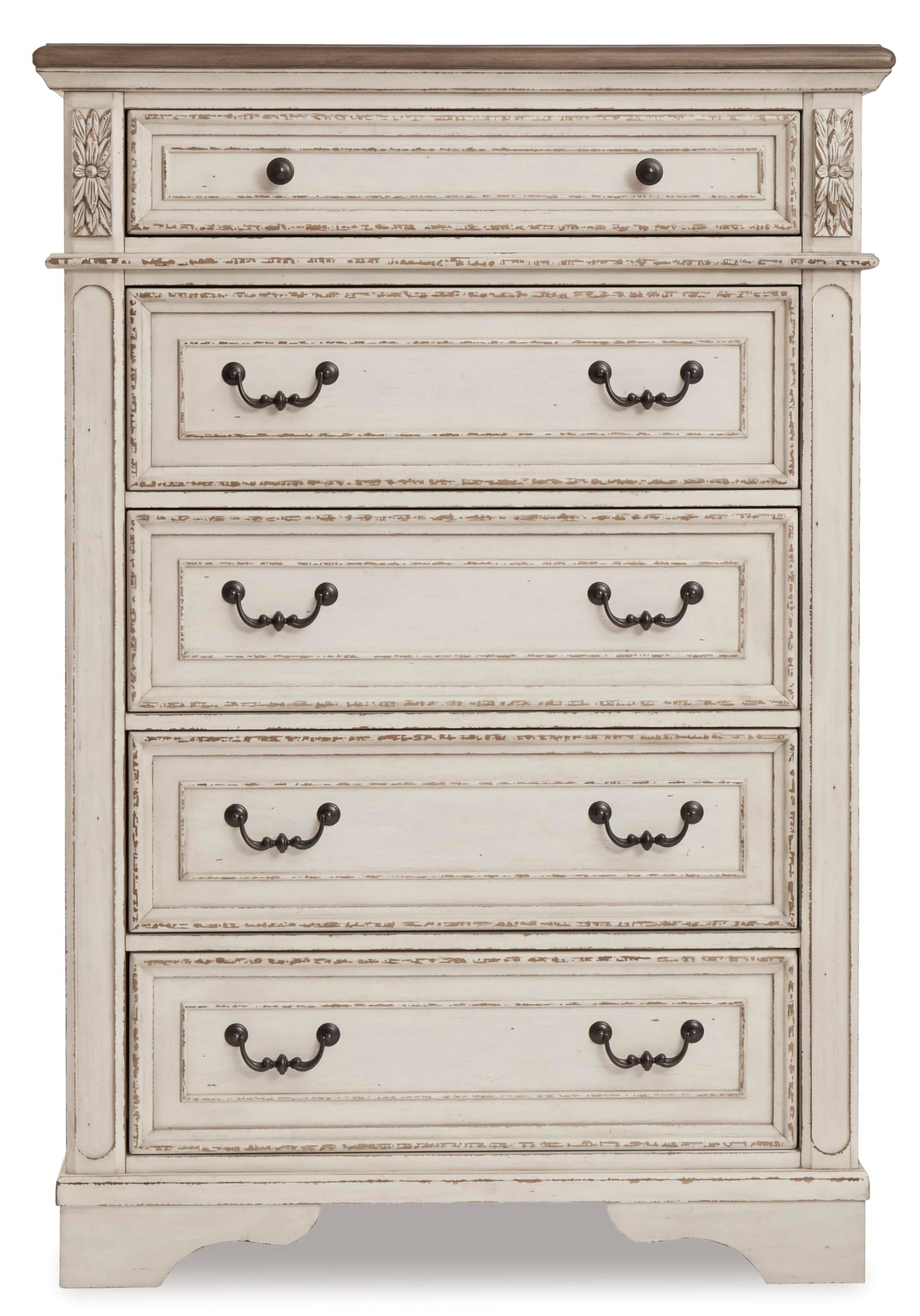 Signature Design by Ashley Realyn French Country 5 Drawer Chest, Tipover Restraint Device, 2-tone Finish, Wood, 40.13" W x 18.13" D x 58.13" H, Chipped White