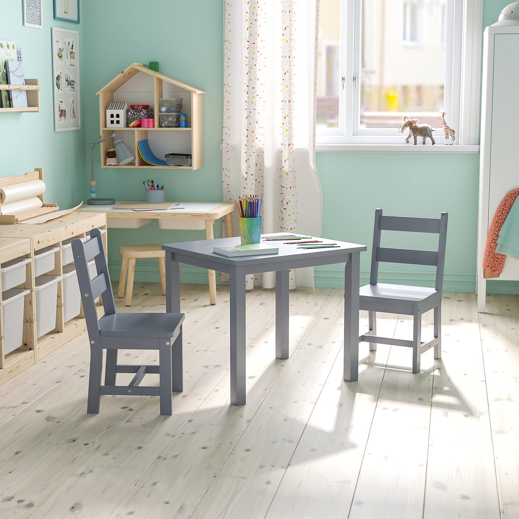 Flash Furniture Kyndl Kids Solid Hardwood Table and Chair Set for Playroom, Bedroom, Kitchen - 3 Piece Set - Natural