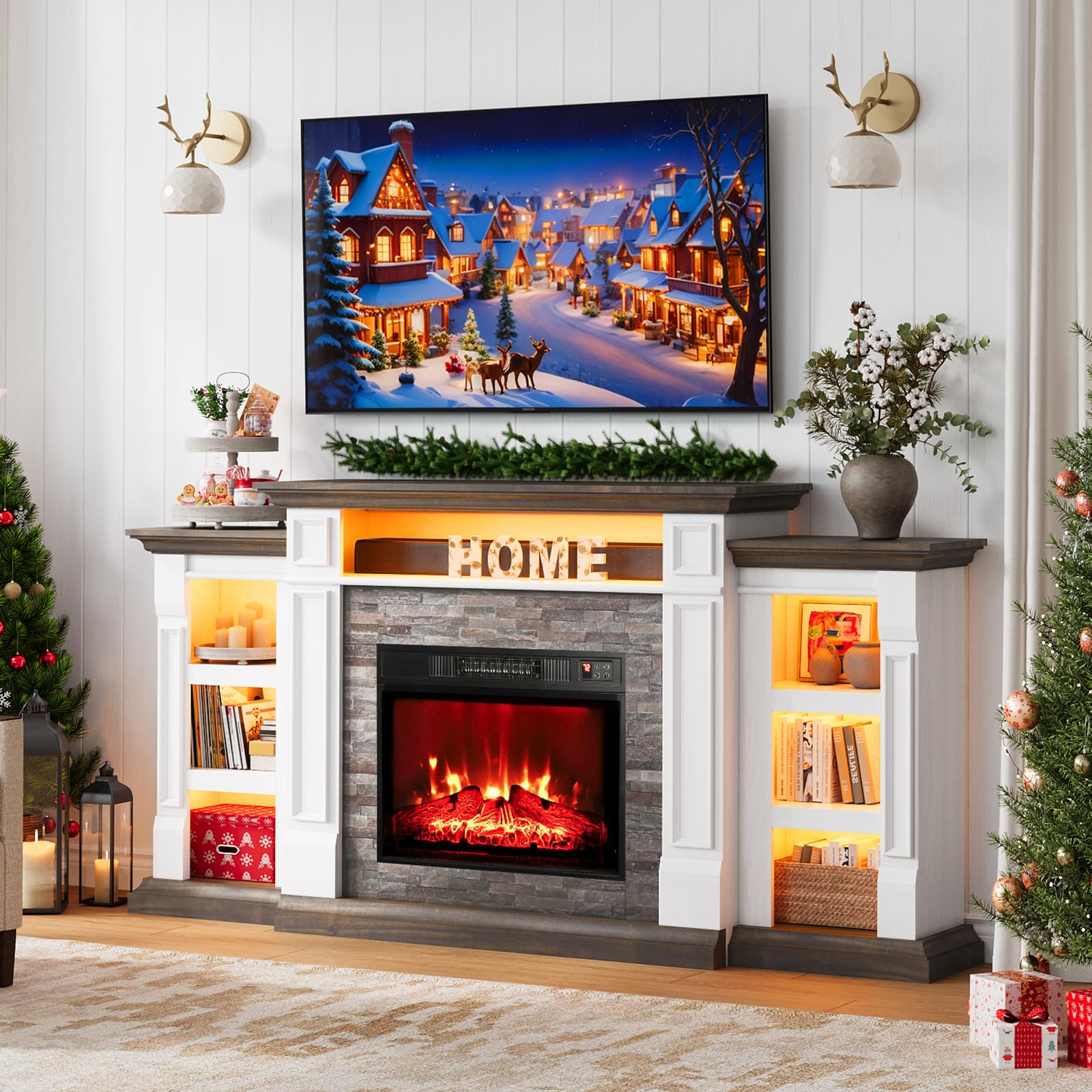Naice 72" Electric Fireplace with Mantel and Cabinets, Fireplace TV Stand for Living Room Bedroom, Stacked Stone Surround and Remote Control 3D Realistic Flame, Black