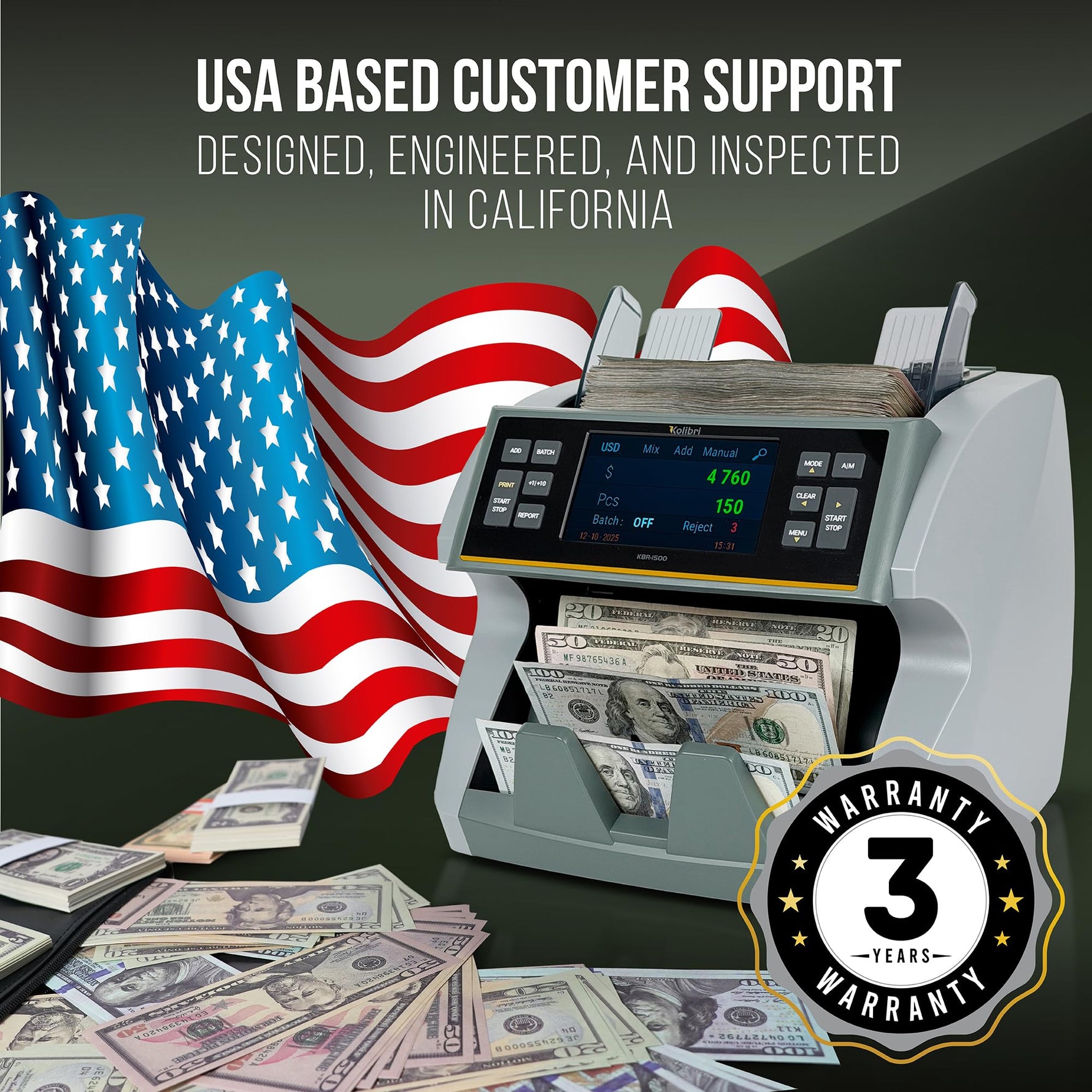 KOLIBRI Money Counter Machine I LCD Display I Business Grade I Advanced IR/UV/MG/MT/DD/HLF Detection I Mixed Denomination (USD) I 1,200 Notes/Min I 3-Year Warranty I KBR-1500 V2