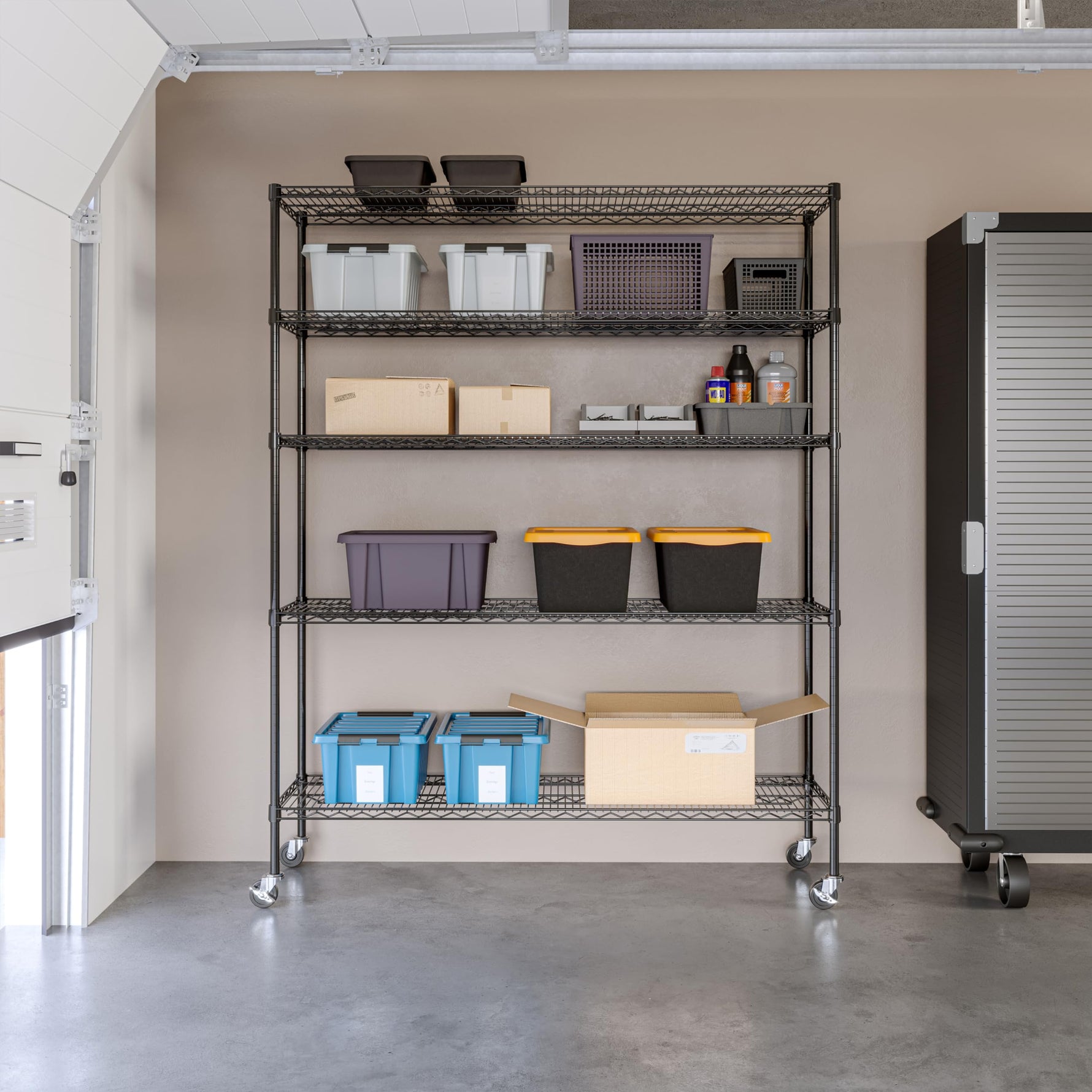 UltraDurable 5-Tier NSF Steel Wire Shelving, 48"W x 24"D x 76"H, Black | Heavy-duty commercial-grade solid steel wire storage rack featuring 800 pounds per shelf weight capacity
