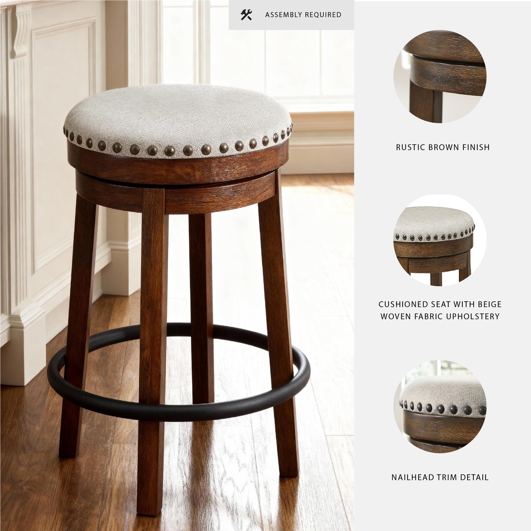Signature Design by Ashley Valebeck Upholstered Swivel Stool, Cushioned Seat, Woven Fabric Upholstery, Wood, 24" H, Brown & Black
