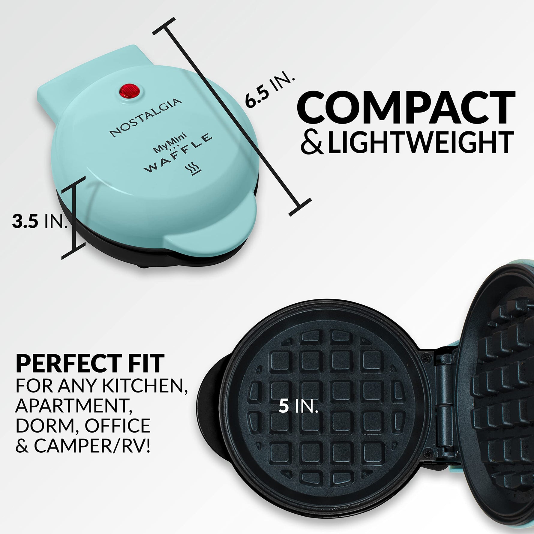 Nostalgia MyMini Personal Electric Waffle Maker, 5-Inch Cooking Surface, Hash browns, French Toast, Grilled Cheese, Quesadilla, Brownies, Cookies, Aqua