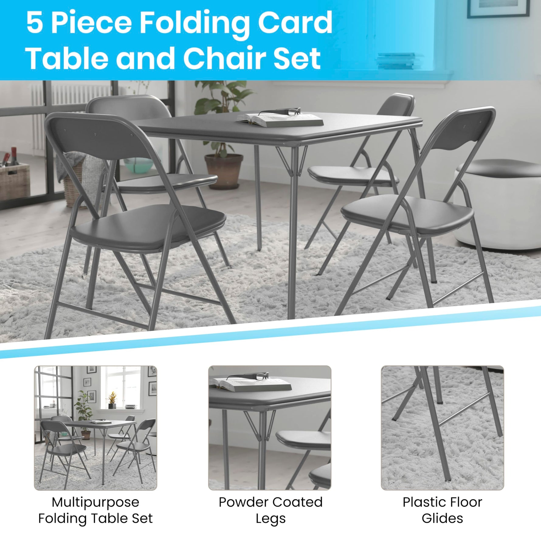 Flash Furniture Madelyn 33.5" Square Folding Multipurpose Card Table with Padded Vinyl Top, Portable Folding Game Table for 4 Players, Black