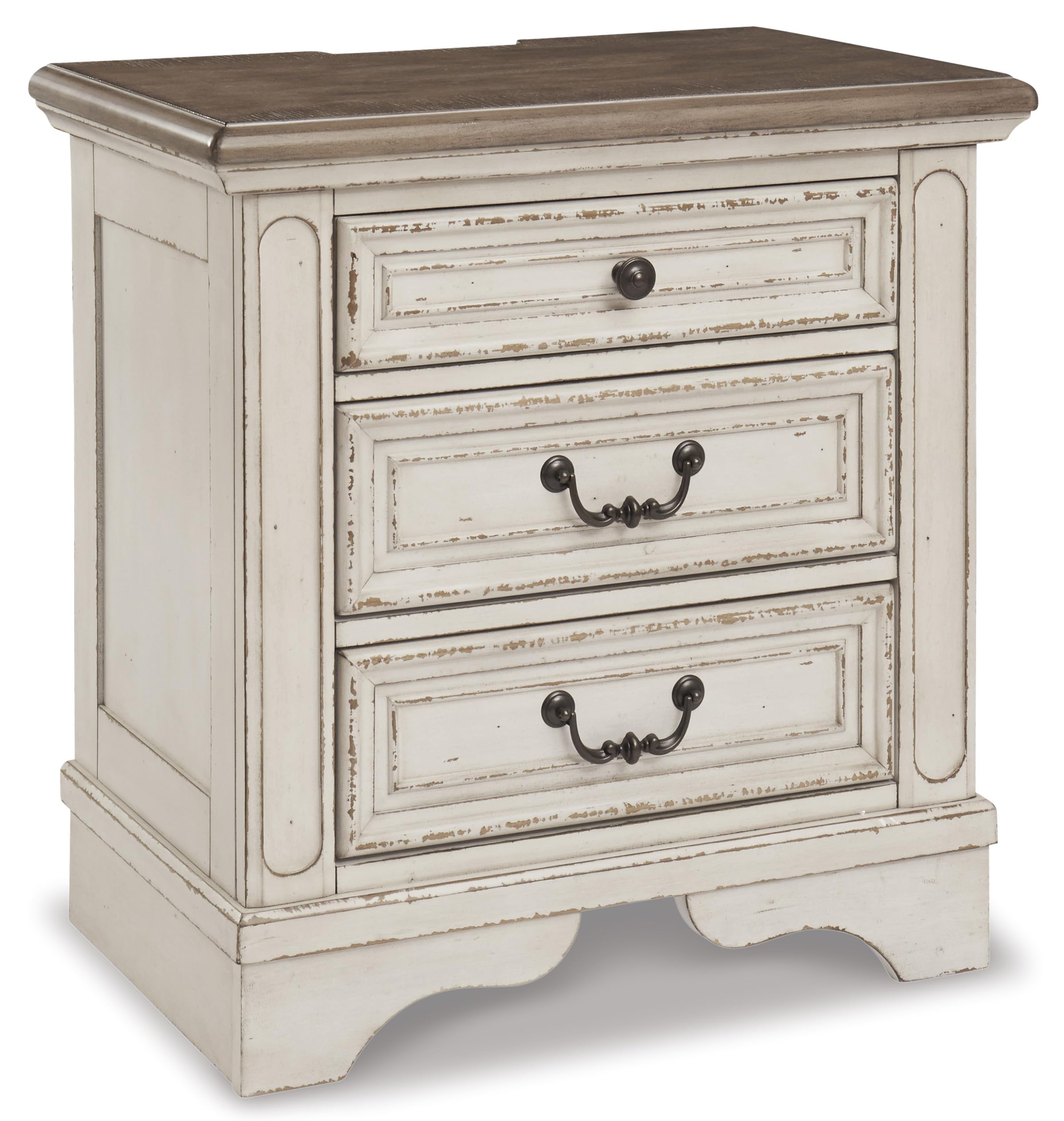 Signature Design by Ashley Realyn Traditional Cottage 1 Drawer Nightstand with Dovetail Construction & Open Display Shelf, Chipped White, 27" Tall, Distressed Brown