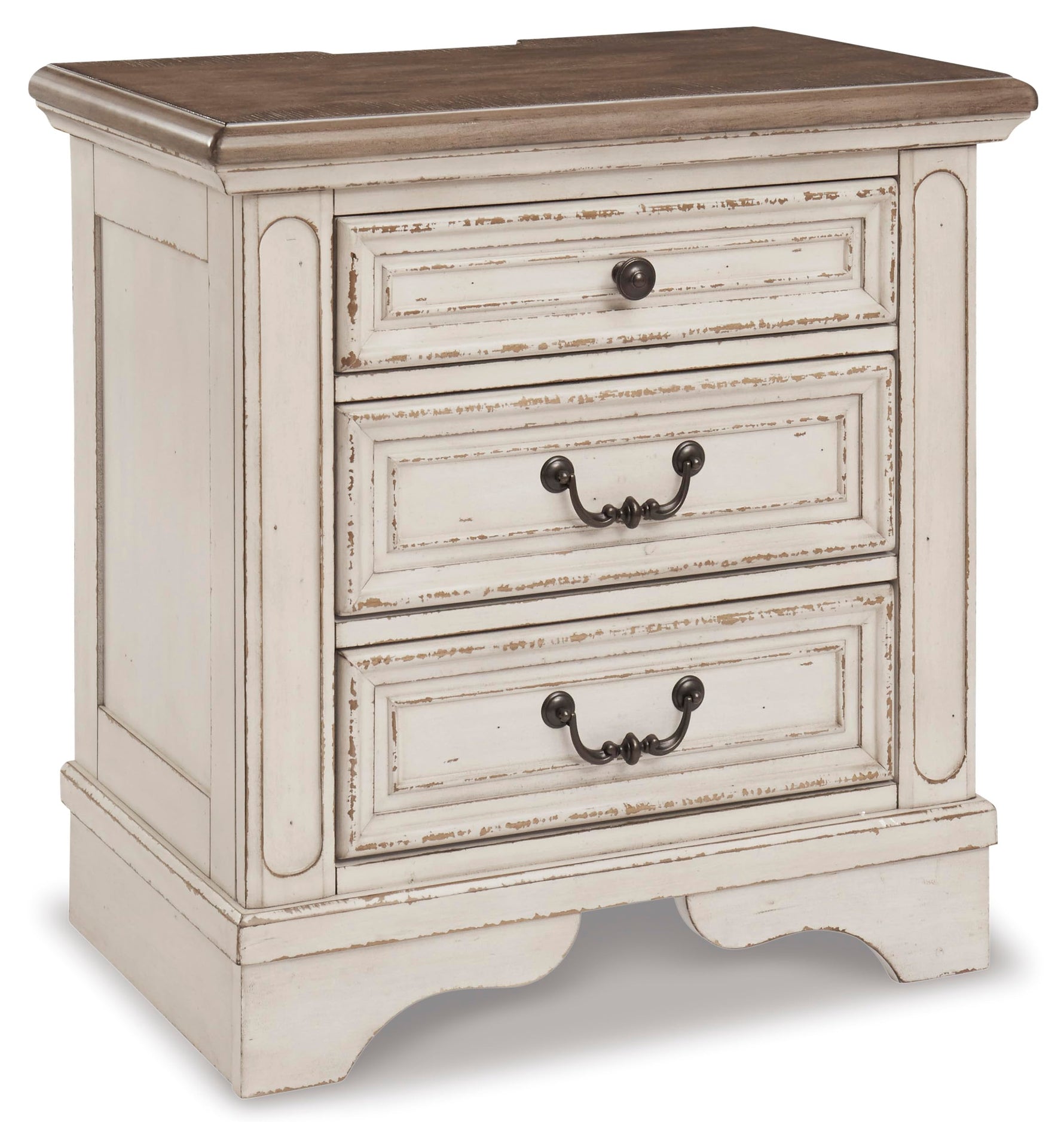Signature Design by Ashley Realyn Traditional Cottage 1 Drawer Nightstand with Dovetail Construction & Open Display Shelf, Chipped White, 27" Tall, Distressed Brown