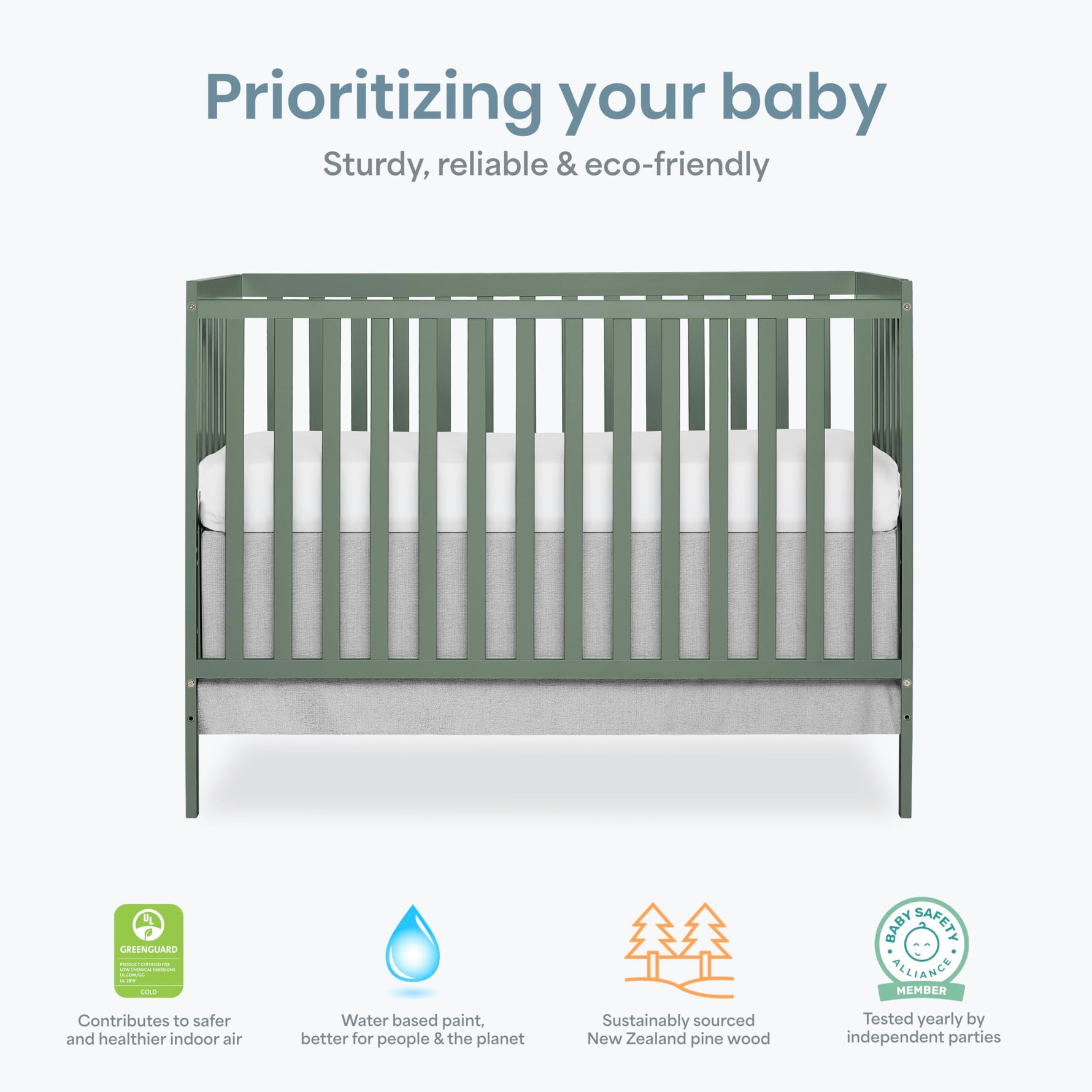 Dream On Me Synergy 5-in-1 Convertible Full-Size Baby Crib with Toddler, Day & Full Bed Conversion in White, GreenGuard Gold & BSA, 3 Mattress Heights, Sustainable Pinewood