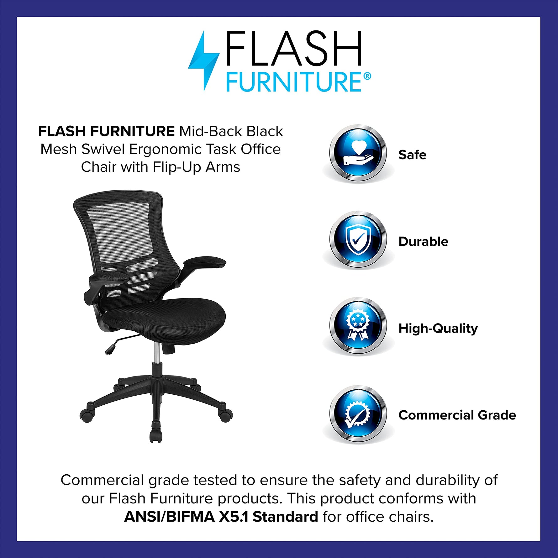 Flash Furniture Kelista Mid-Back Swivel Office Chair with Adjustable Seat Height, Ergonomic Mesh Desk Chair with Flip-Up Armrests, Black