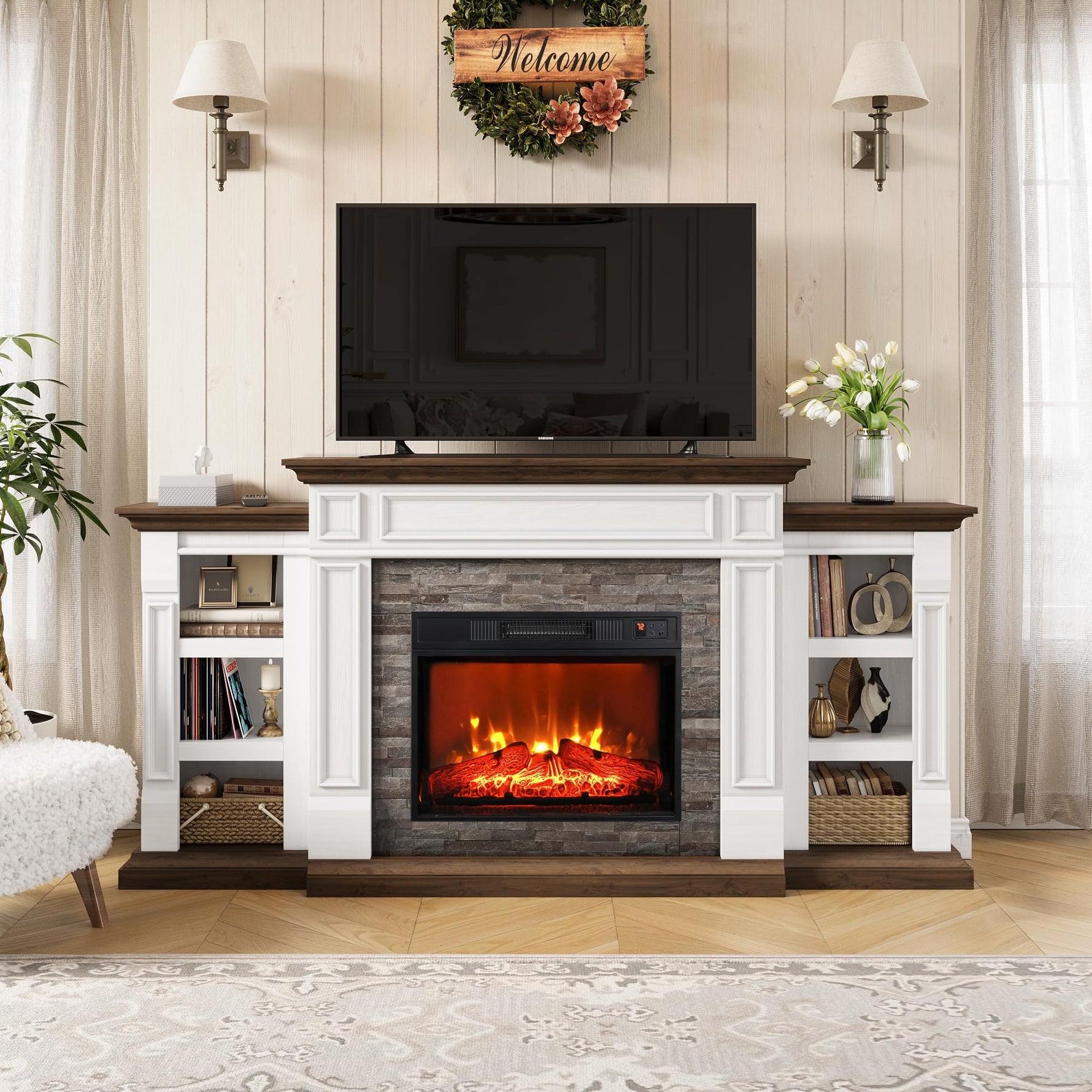 Naice 72" Electric Fireplace with Mantel and Cabinets, Fireplace TV Stand for Living Room Bedroom, Stacked Stone Surround and Remote Control 3D Realistic Flame, Black