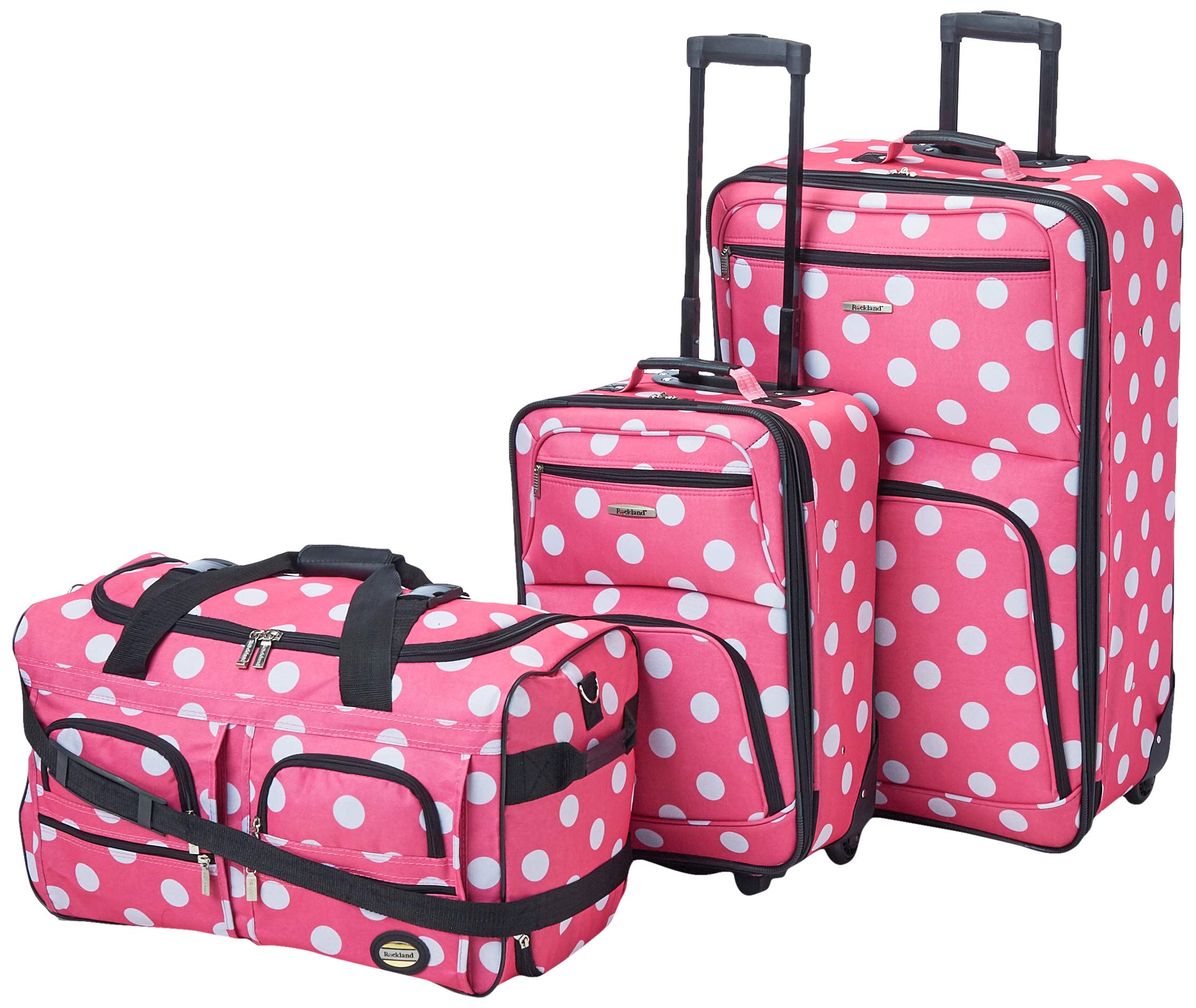 Rockland Vara Softside 3 Piece Upright Luggage Set, Expandable, (20"/28"/22" Rolling Duffel), Pink Leopard